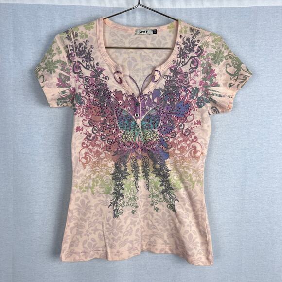 Levi's Baby Tee Y2K Rainbow Butterfly Bedazzled Top Fairy Rhinestone Bling - Picture 1 of 6